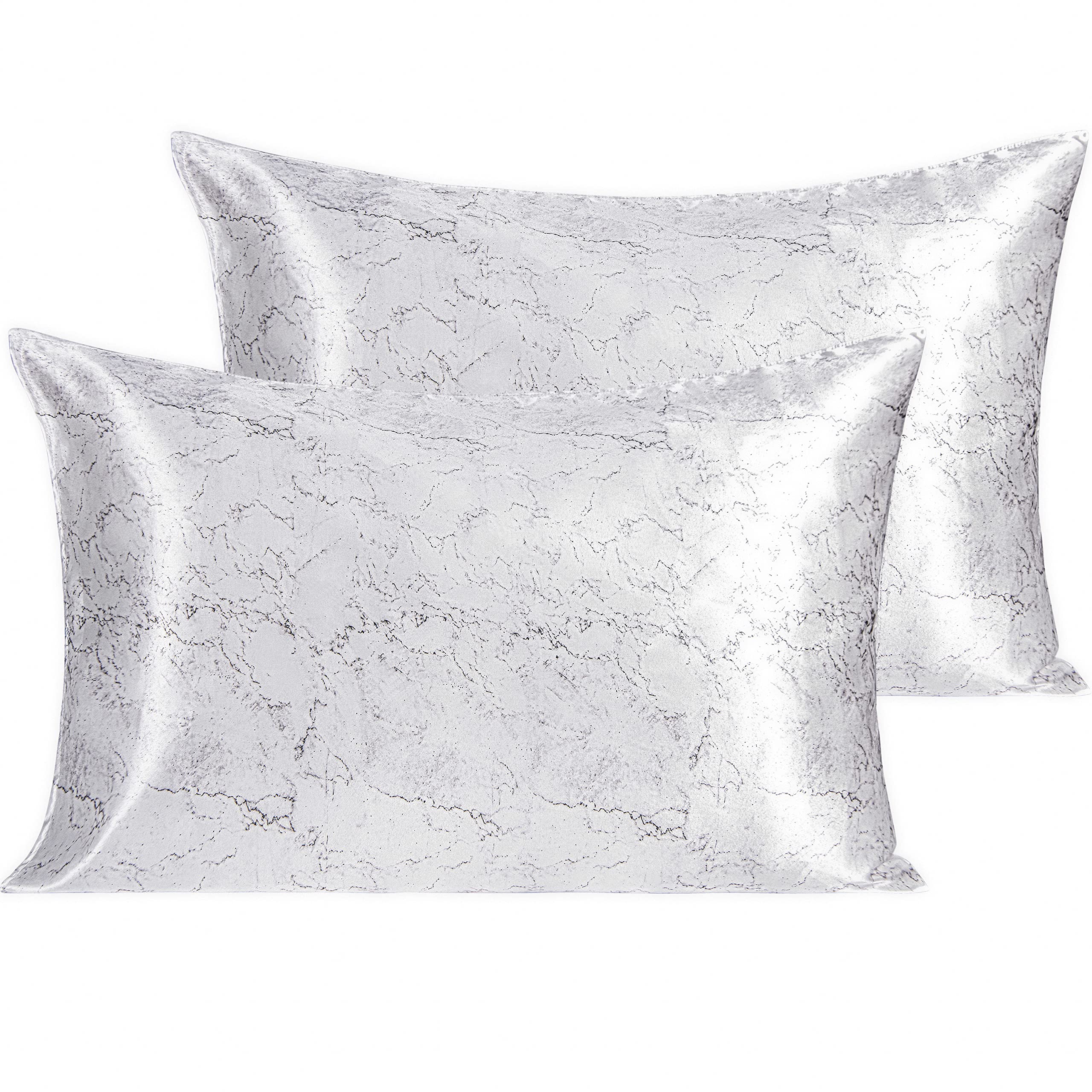 Ntbay 2 Pack Satin Standard Pillowcases For Hair And Skin, Luxurious And Silky Marbling Printed Pillow Cases With Envelope Closure, 20X26 Inches, White